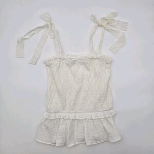 Anthropologie Top Womens Small White Tank Gauze Smocked Eyelet Boho Tie Eri Ali